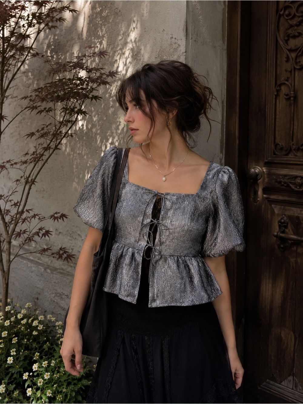 H&M Whimsigoth Metallic Puff Sleeve Tie Front Peplum Top XS Fairycore Cottage